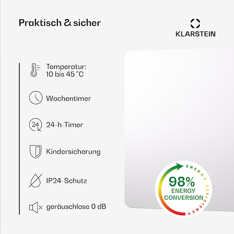 Wonderbeam 900 Infrarotheizung 108 x 60 cm 900W Wochentimer Fernbedienung 900 W | Weiß