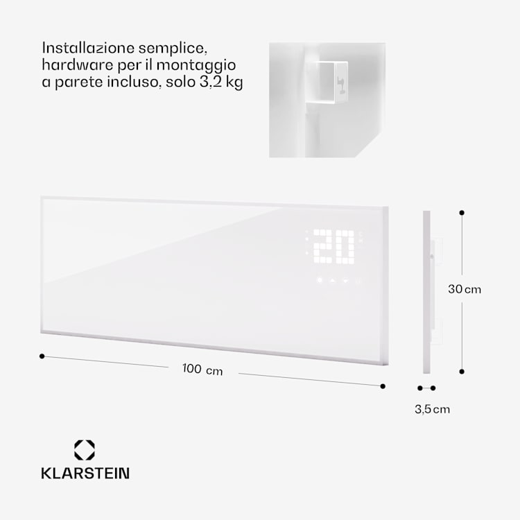 Wonderwall Smart Bornholm - Stufa a infrarossi, 100x30cm, app, 320W horizontal | 320 W | Bianco