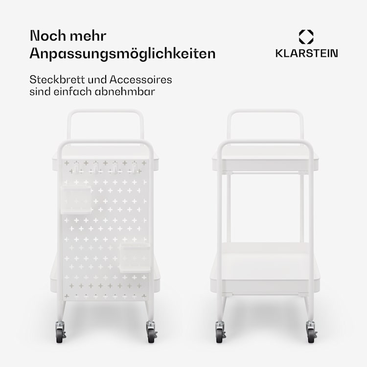 Chibi Carrello di servizio, carrello multiuso, 2 livelli, metallo, cestelli, ganci, mobile Bianco