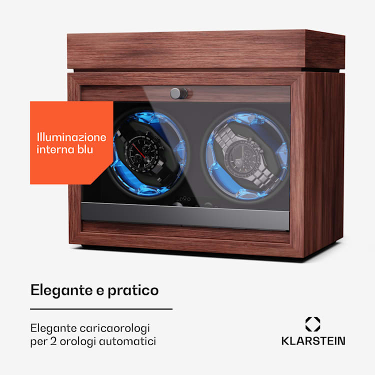 Brienz 2 - Caricatore per orologi, 2 orologi, 4 modalità, look effetto legno, illuminazione interna blu, vano portagioielli 2 orologi con scomparto per gioielli | Noce