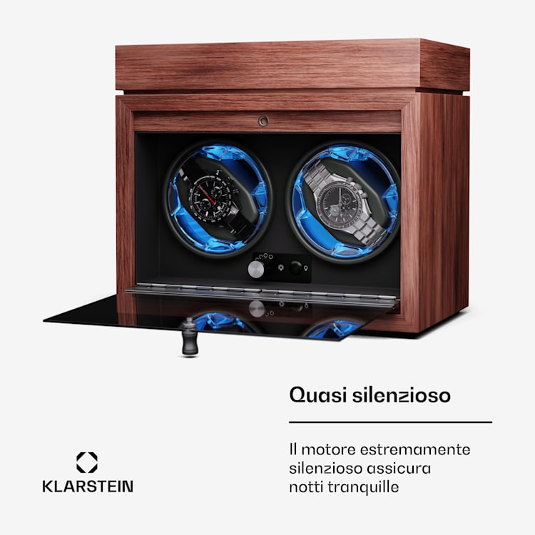 Brienz 2 - Caricatore per orologi, 2 orologi, 4 modalità, look effetto legno, illuminazione interna blu, vano portagioielli 2 orologi con scomparto per gioielli | Noce