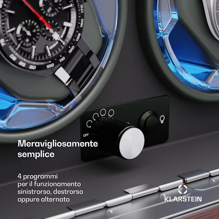 Brienz 2 - Caricatore per orologi, 2 orologi, 4 modalità, look effetto legno, illuminazione interna blu, vano portagioielli 2 orologi con scomparto per gioielli | Noce