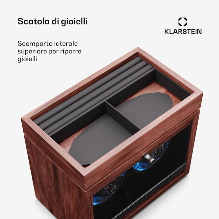 Brienz 2 - Caricatore per orologi, 2 orologi, 4 modalità, look effetto legno, illuminazione interna blu, vano portagioielli 2 orologi con scomparto per gioielli | Noce