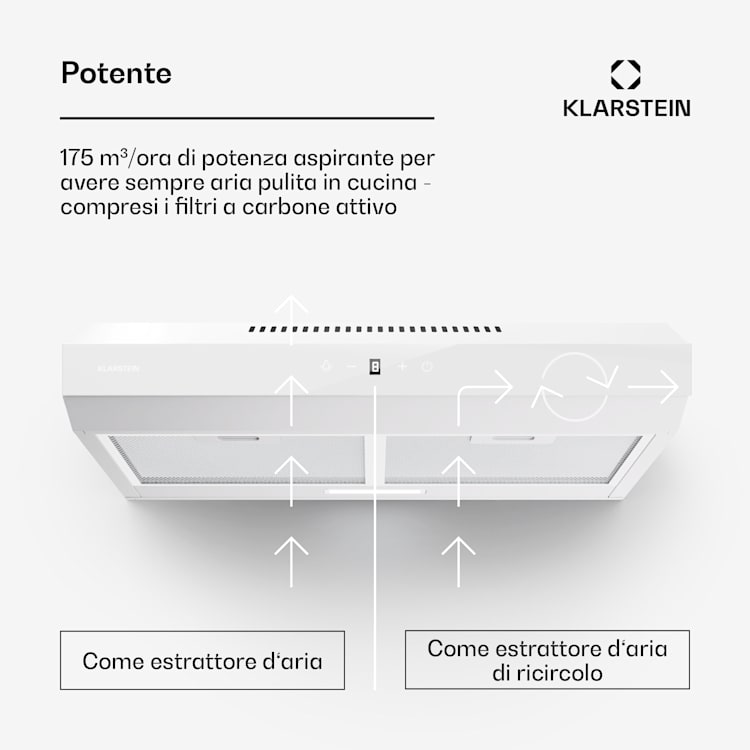 Cappa Aspirante Klarstein Capannina 60cm - Sottopensile, Ricircolo/Scarico, 166 M³/h, 3 Velocità, Acciaio Inox, LED, Classe C, Nero - Foto 5