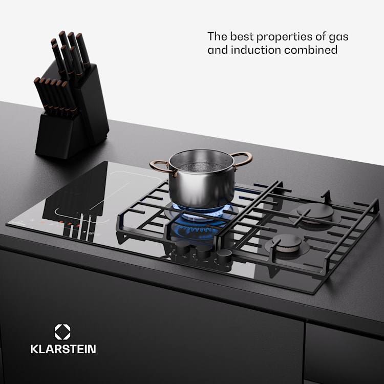 MultiChef 5, индукционен и газов готварски плот, 5 зони за готвене, 3 газови горелки, 2 индукционни котлона, FlexZone 90 cm | Газов и индукционен котлон с решетка | Черно