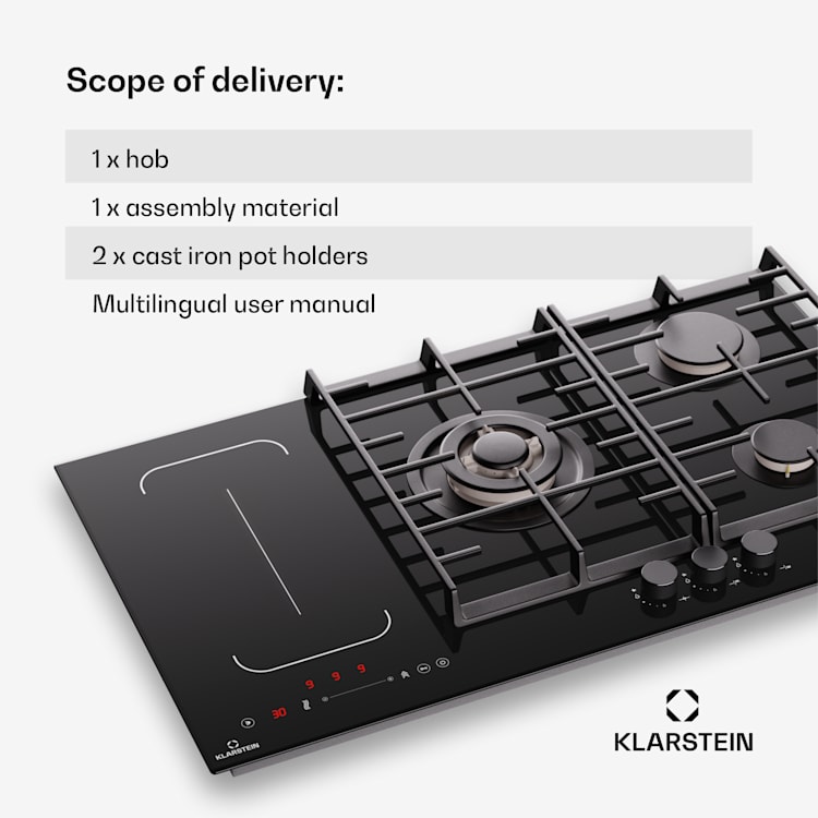 MultiChef 5, индукционен и газов готварски плот, 5 зони за готвене, 3 газови горелки, 2 индукционни котлона, FlexZone 90 cm | Газов и индукционен котлон с решетка | Черно