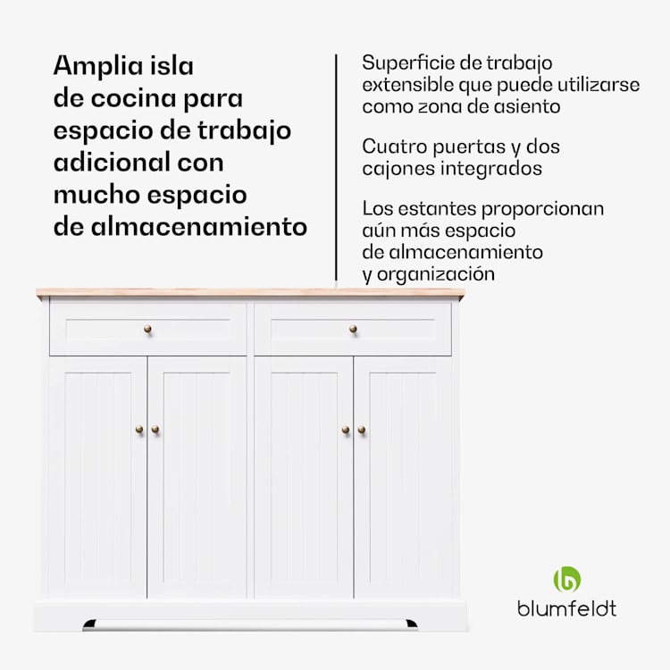 Etsu isla de cocina encimera extensible 2 cajones 4 puertas como mesa de comedor  