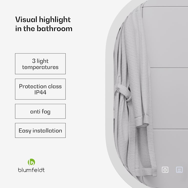blumfeldt Caledonian Miroir de salle de bain LED Miroir de salle de bain IP44 LED 3 températures de couleur 45x80 cm dimmable Fonction antibuée Bouton tactile ovale 45x80_oval
