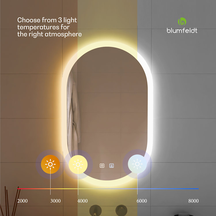 blumfeldt Caledonian Miroir de salle de bain LED Miroir de salle de bain IP44 LED 3 températures de couleur 45x80 cm dimmable Fonction antibuée Bouton tactile ovale 45x80_oval