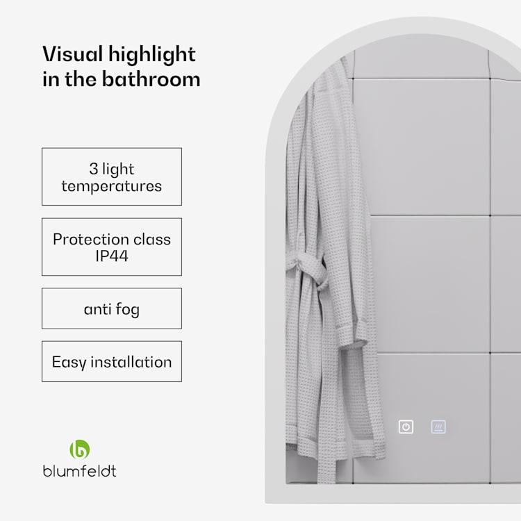 blumfeldt Caledonian Miroir de salle de bain LED Miroir de salle de bain IP44 LED 3 températures de couleur 45x80 cm dimmable Fonction antibuée Bouton tactile forme incurvée 45x80_arched