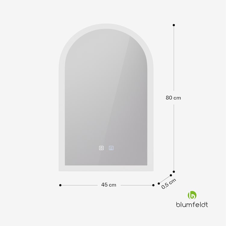 blumfeldt Caledonian Miroir de salle de bain LED Miroir de salle de bain IP44 LED 3 températures de couleur 45x80 cm dimmable Fonction antibuée Bouton tactile forme incurvée 45x80_arched