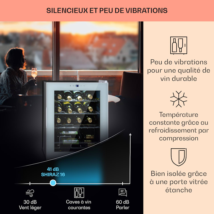 Shiraz 16 Uno Cave à vin 42 l Panneau de contrôle tactile 160 W 5-18°C 16 bouteilles | 1 zone de conservation | Verre Blanc