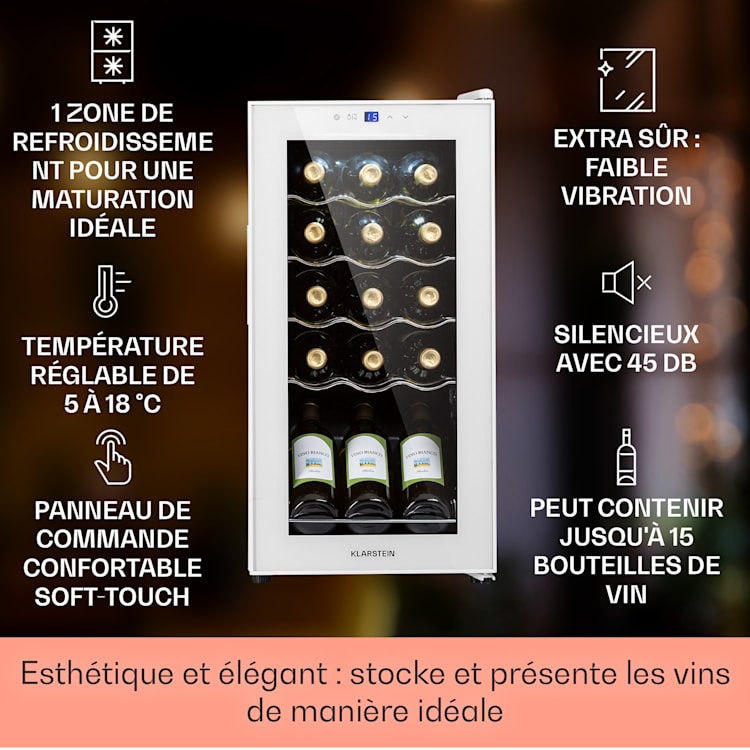 Shiraz 15 Slim Uno wijnkoelkast 44 liter touch bedieningspaneel 5-18°C 15 flessen | 1 koelzone | Wit Glas