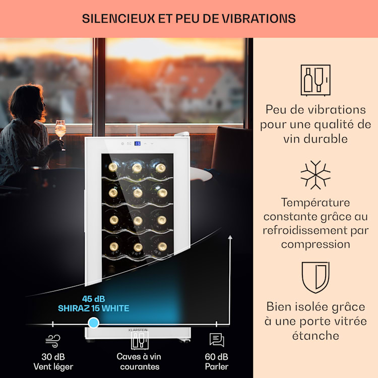 Shiraz 15 Slim Uno wijnkoelkast 44 liter touch bedieningspaneel 5-18°C 15 flessen | 1 koelzone | Wit Glas