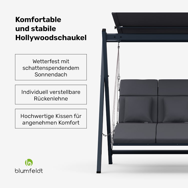 FlexiSwing Hollywoodschaukel 3- Sitzer verstellbare Rückenlehne + Sonnendach wetterfest 3-Sitzer | Anthrazit