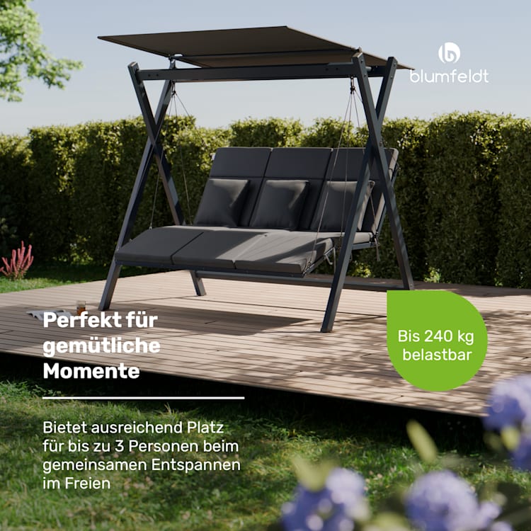 FlexiSwing Hollywoodschaukel 3- Sitzer verstellbare Rückenlehne + Sonnendach wetterfest 3-Sitzer | Anthrazit