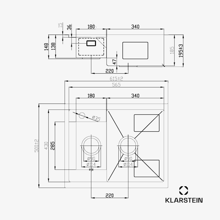 TitanSteel kuchynský drez, 61 x 50 cm, 2 umývadlá, nehrdzavejúca oceľ, žiaruvzdorný 24 + 18 x 43 cm | Antracit