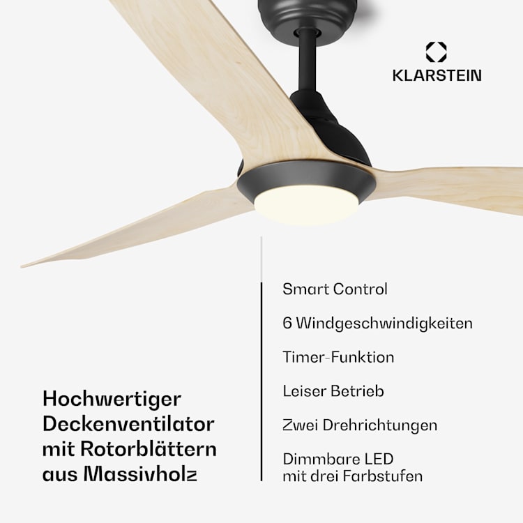 Fiji Flow 2-in-1-Deckenventilator 132 cm LED Fernbedienung App-Steuerung 2 Laufrichtungen dimmbar 132 cm (Räume 13–25 m²) | WLAN + Fernbedienung | Ahorn