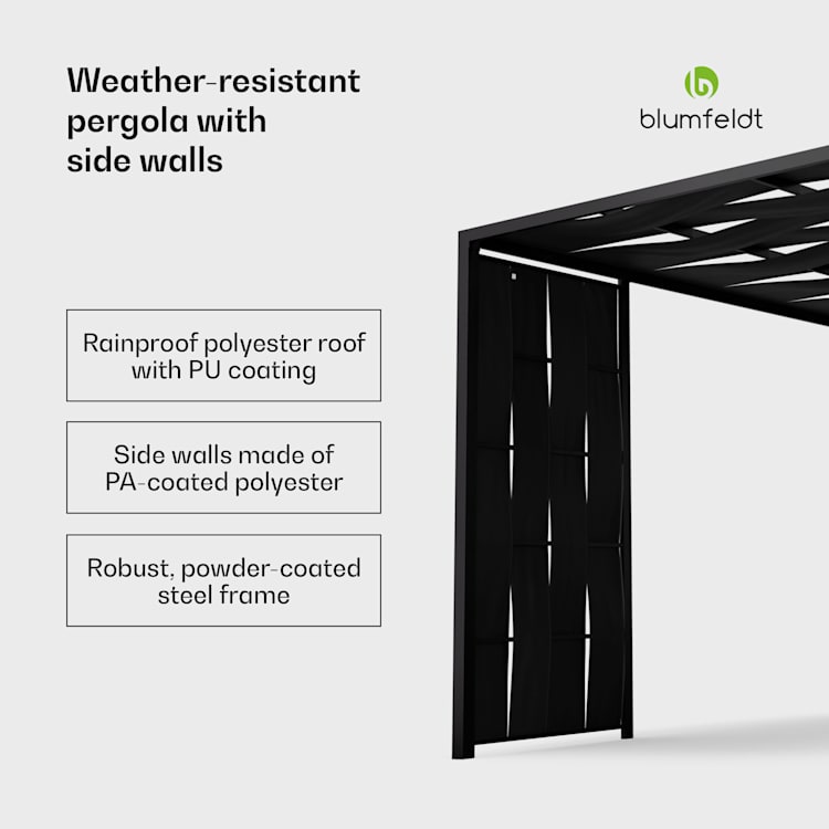 Blumfeldt Shade Cove, textil pergola, 3 x 3 m, oldalfalak, porszórtan bevonva, időjárásálló modern | Fekete