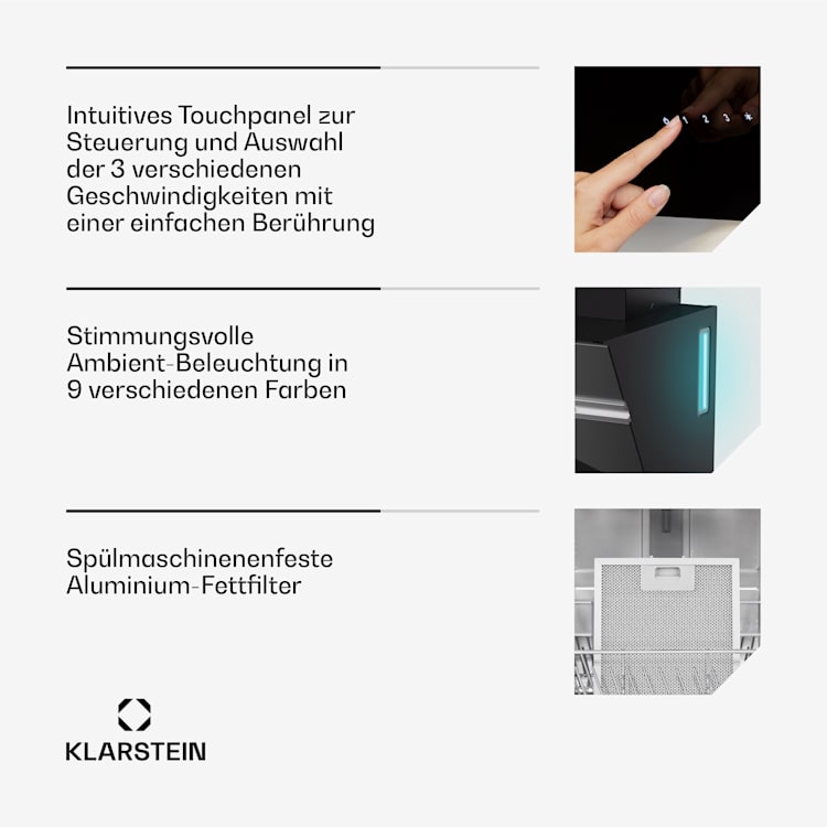 Alina Dunstabzugshaube | 40 cm | 538 m³/h | LED-Display | Ambiente | Glasfront | EEK A