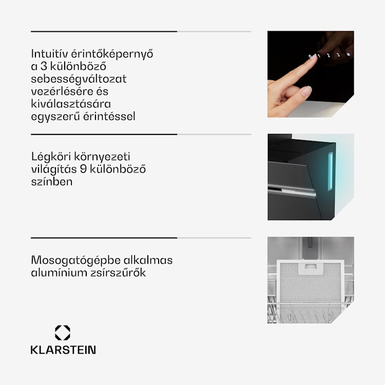 Alina páraelszívó, 70 cm, 594 m³/h, LED kijelző, Környezeti megvilágítás, Üvegfront, EEK A 70 cm | Fekete