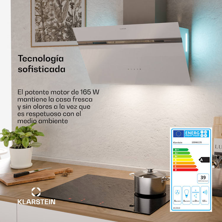 Alina Smart Campana extractora | 70 cm | 594 m³/h | pantalla LED | ambiente | frontal de vidrio | CEE A 70 cm | Gris Claro