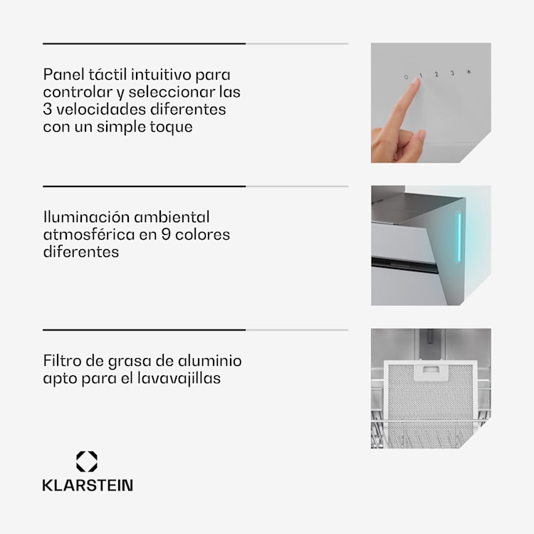 Alina Smart Campana extractora | 70 cm | 594 m³/h | pantalla LED | ambiente | frontal de vidrio | CEE A 70 cm | Gris Claro