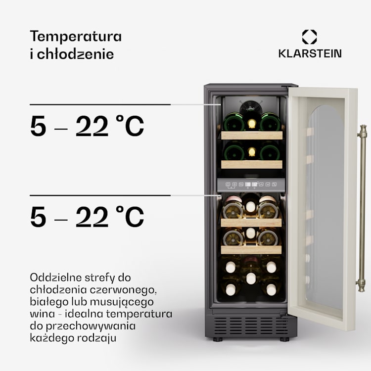 Chłodziarka na wino Vinovilla Victoria 17 Duo, 2 strefy chłodzenia, Sterowanie dotykowe, 17 butelek, 4 półki