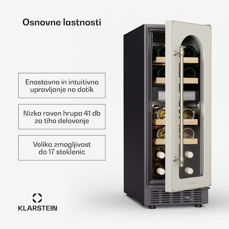 Vinovilla Victoria 17 Duo hladilnik za vino, 2 hladilni območji, Upravljanje na dotik, 17 steklenic, 4 police 17 steklenic | 2 | Kremna