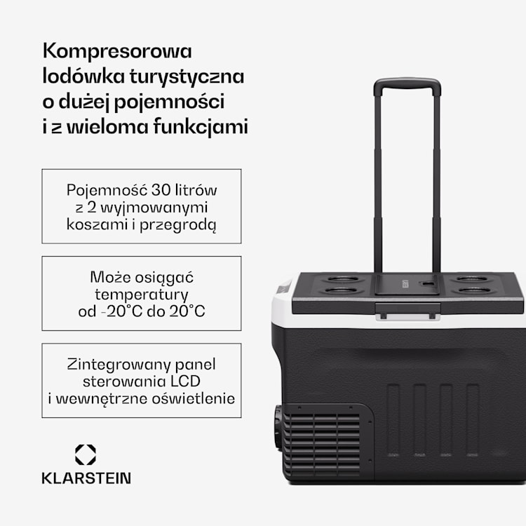 PolarForce 30L kompresorowa lodówka turystyczna, panel sterowania LCD, oświetlenie, off-road, ochrona akumulatora, 12 V/230 V 30 litrów | Czarny