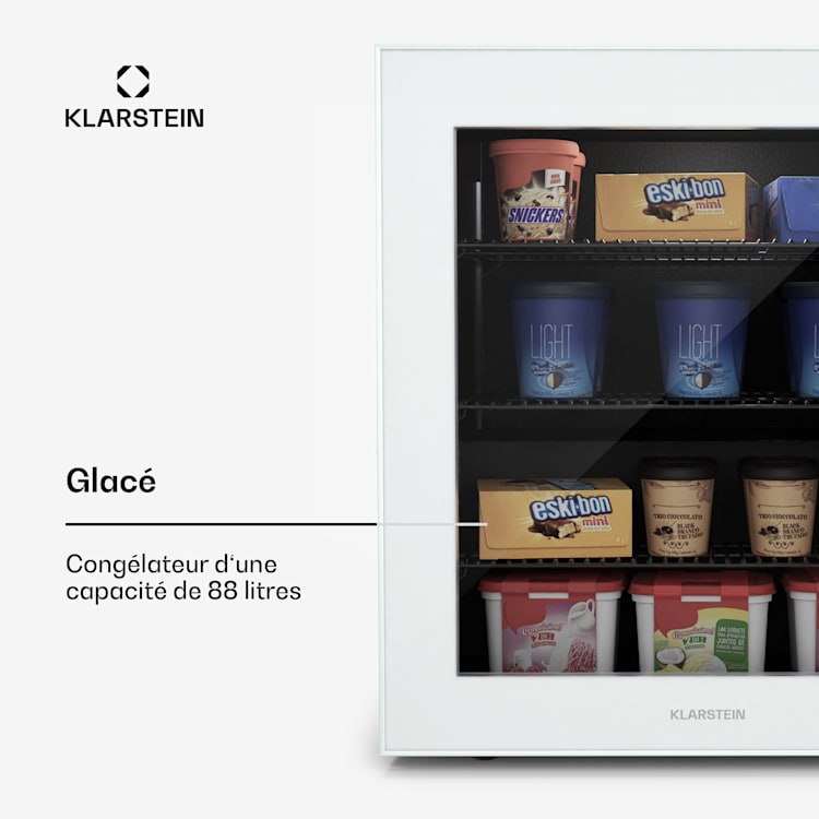 Mini Congélateur Klarstein IceAge 88L - Porte Verre, -18°C, 3 Étagères, Éclairage LED, Noir