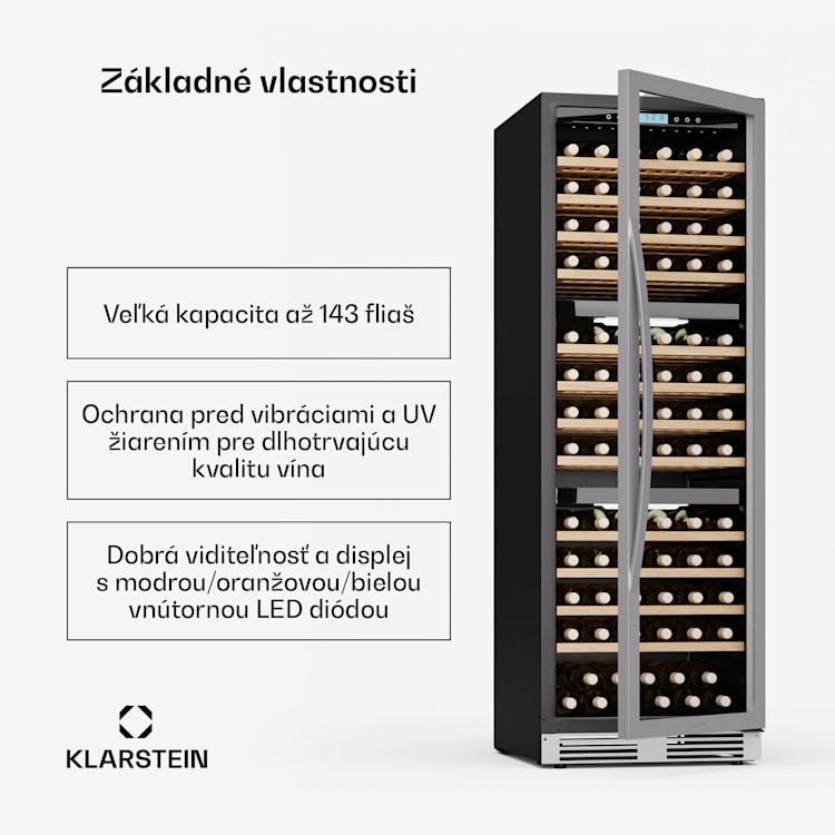 Vinovilla Trio chladnička na víno, 143 fliaš, 3 zóny, 38 dB, 12 políc, kompresor, 413 litrov 143 fliaš | 3 chladiace zóny | Nehrdzavejúca oceľ