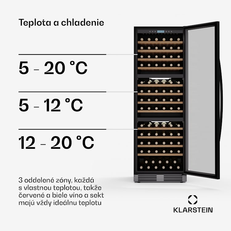 Vinovilla Trio chladnička na víno, 143 fliaš, 3 zóny, 38 dB, 12 políc, kompresor, 413 litrov 143 fliaš | 3 chladiace zóny | Nehrdzavejúca oceľ