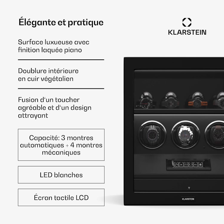 SecureTouch watchwinder | 3+4 horloges | Mabuchi motor | pianolak | 41 modi | slot | leds 3 automatisch, 4 mechanisch | Zwart