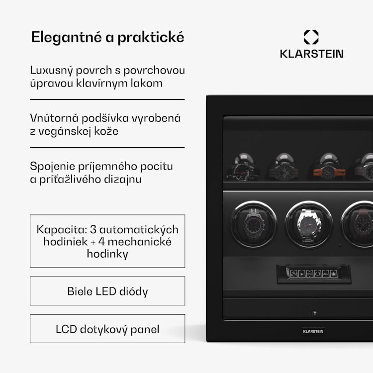 SecureTouch naťahovač hodiniek, 3+4 hodinky, motor Mabuchi, klavírny lak, 41 režimov, zámok, LED diódy 3 automatické, 4 mechanické | Čierna