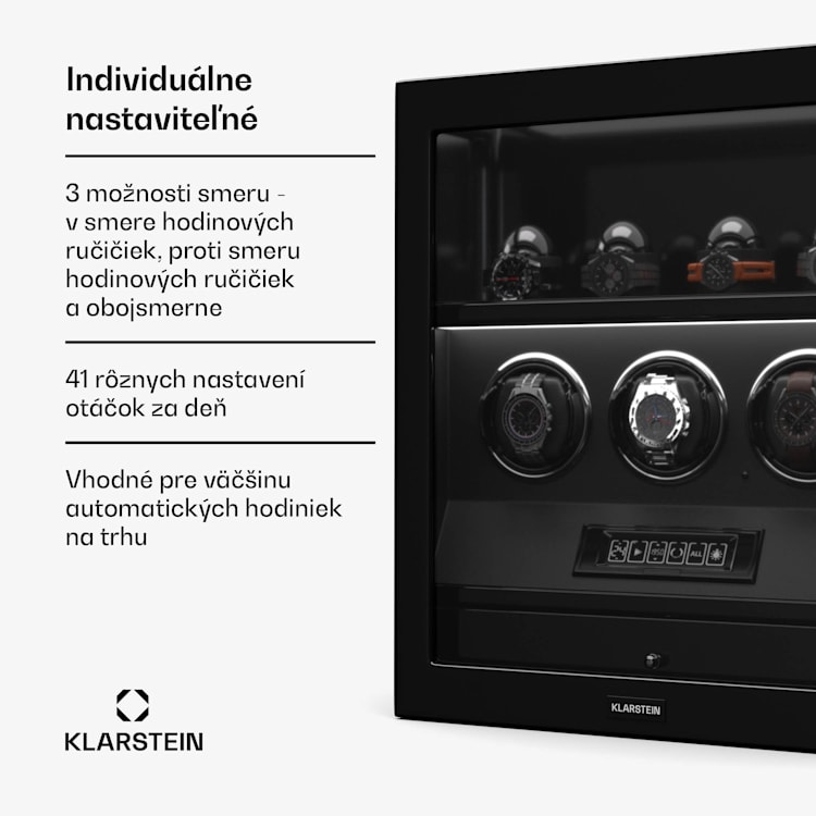 SecureTouch naťahovač hodiniek, 3+4 hodinky, motor Mabuchi, klavírny lak, 41 režimov, zámok, LED diódy 3 automatické, 4 mechanické | Čierna