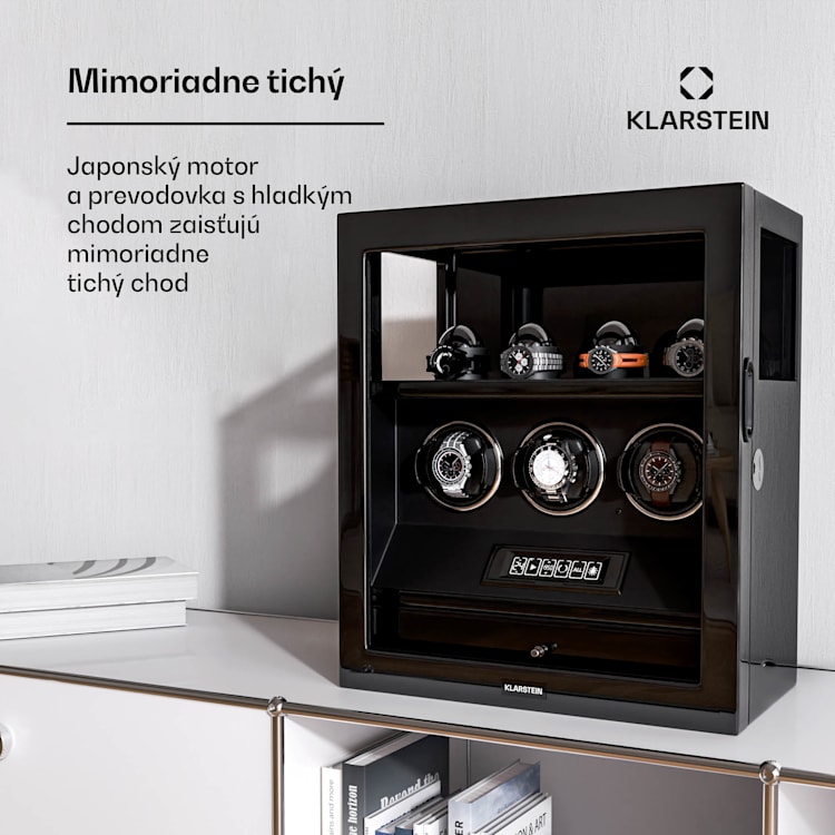 SecureTouch naťahovač hodiniek, 3+4 hodinky, motor Mabuchi, klavírny lak, 41 režimov, zámok, LED diódy 3 automatické, 4 mechanické | Čierna