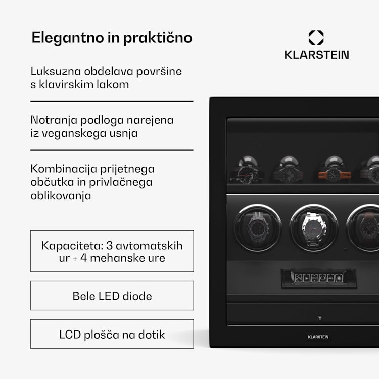 Napajalnik za ure SecureTouch, 3+4 ure, motor Mabuchi, klavirski lak, 41 načinov, ključavnica, LED diode 3 avtomatske, 4 mehanične | Črna