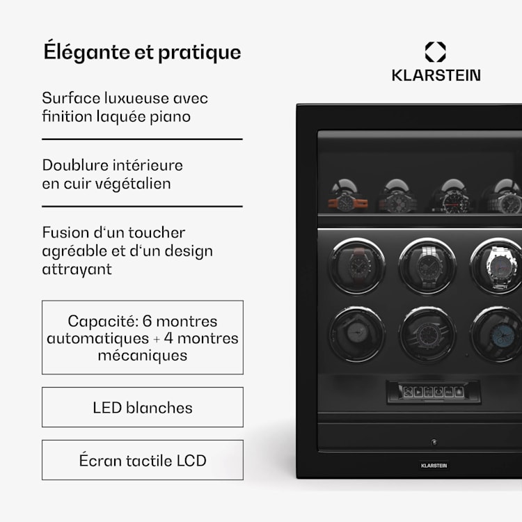 SecureTouch watchwinder | 6+4 horloges | Mabuchi motor | pianolak | 41 modi | slot | leds 6 automatisch, 4 mechanisch | Zwart