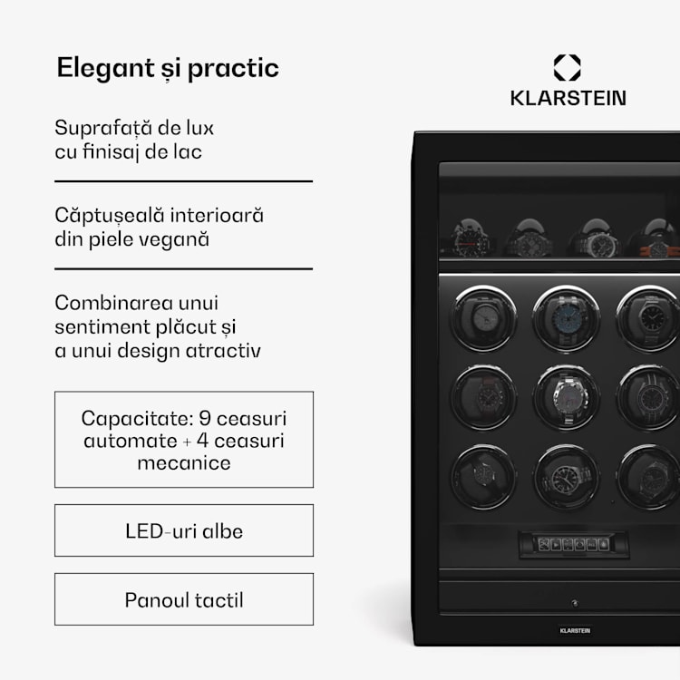 SecureTouch dispozitiv de întors ceasuri, 9+4 ceasuri, Motor Mabuchi, lac de pian, 41 moduri, blocare, LED-uri 9 automate, 4 mecanice | Negru
