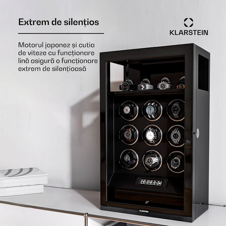 SecureTouch dispozitiv de întors ceasuri, 9+4 ceasuri, Motor Mabuchi, lac de pian, 41 moduri, blocare, LED-uri 9 automate, 4 mecanice | Negru