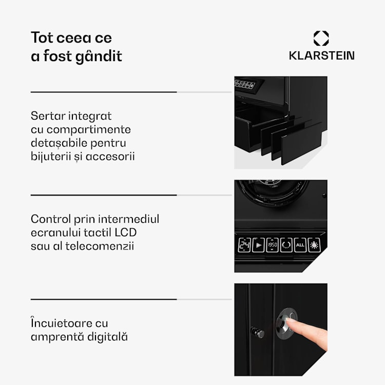 SecureTouch dispozitiv de întors ceasuri, 9+4 ceasuri, Motor Mabuchi, lac de pian, 41 moduri, blocare, LED-uri 9 automate, 4 mecanice | Negru