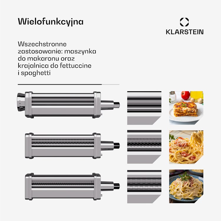 Chiara przystawka do makaronu, 3 w 1, 8 grubości ciasta, możliwość mycia w zmywarce, stal nierdzewna, kompatybilna
