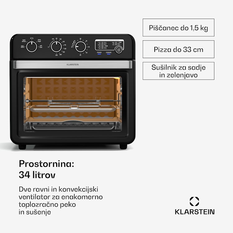 Air Glaze air fryer, 2000 W, 34 litrov, panoramsko okno, z dodatnim kompletom pripomočkov Mehanski | Črna