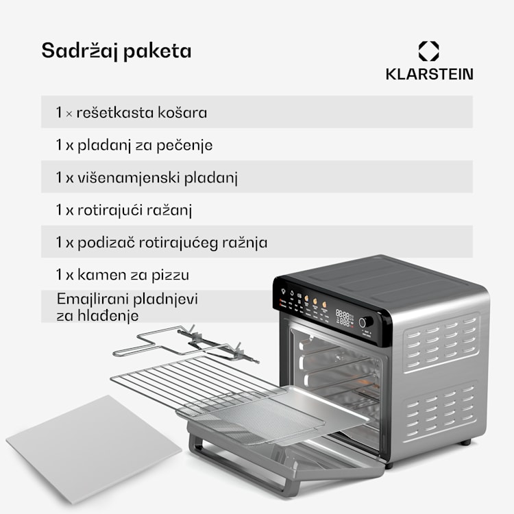 AirGlaze Digitalna friteza na vrući zrak, 2200 W, 19 programa, uključujući pribor koji se može prati u perilici posuđa Digitalni s ikonama u boji | Nehrđajući čelik