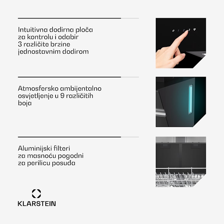 Alina kuhinjska napa, 80 cm, 600 m³/h, Tiha, EEK A 80 cm | Crna