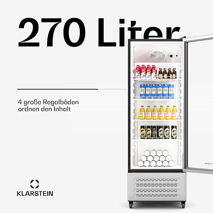 GrandCooler Getränkekühlschrank | 270 L | LED-Beleuchtung | mit Rollen | 4 Regale 270 Liter | Edelstahl