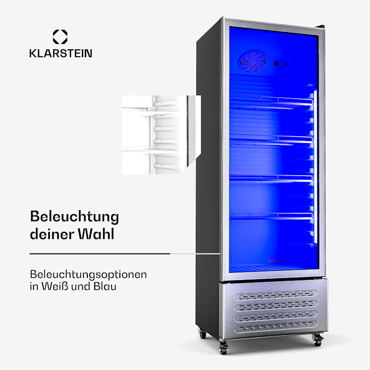 GrandCooler Getränkekühlschrank | 270 L | LED-Beleuchtung | mit Rollen | 4 Regale 270 Liter | Edelstahl
