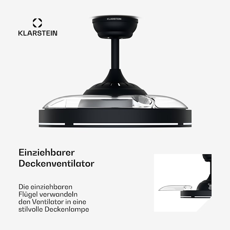 AirFold | Smarter Deckenventilator | Einziehbare Flügel | Dimmbares LED-Licht | Smart 107cm (Räume 9-13m²) | WLAN + Fernbedienung | Schwarz