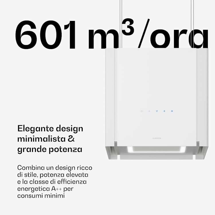 Velaire - Cappa aspirante con funzione di sollevamento, 40 cm | Elegante, minimalista, potente | Classe energetica A++ | 601 m³/ora 40 cm | Bianco